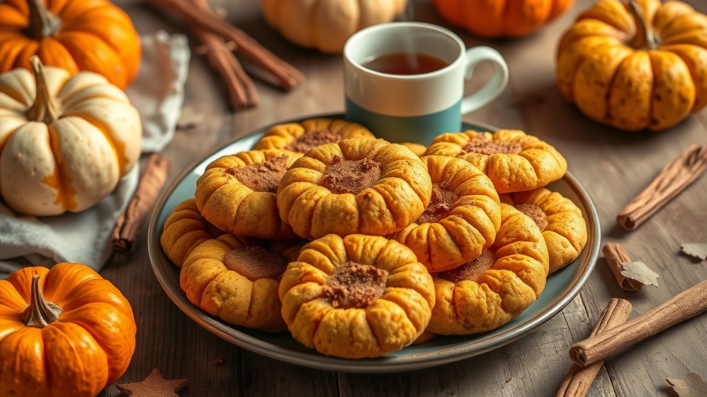A plate of honey cinnamon pumpkin cookies with a cup of tea on a wooden table, surrounded by pumpkins and cinnamon sticks.
